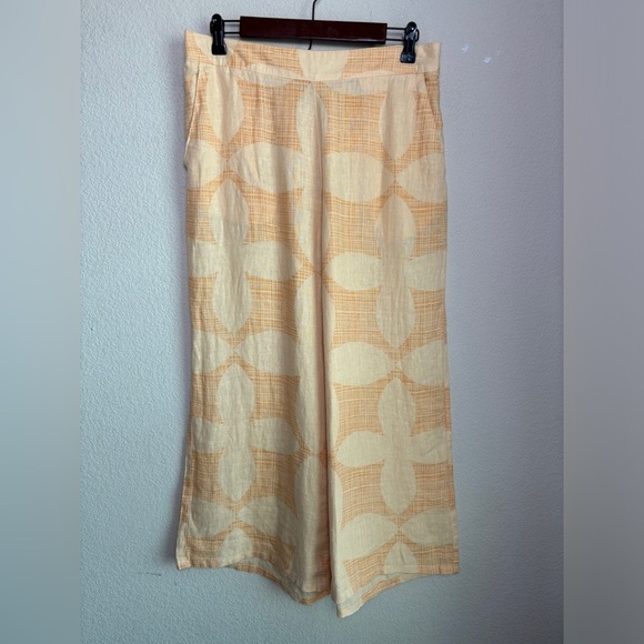 Joie Pastel Melon Orange Retro Floral 100% Linen Wide Leg T Crop Pants L - Picture 2 of 8